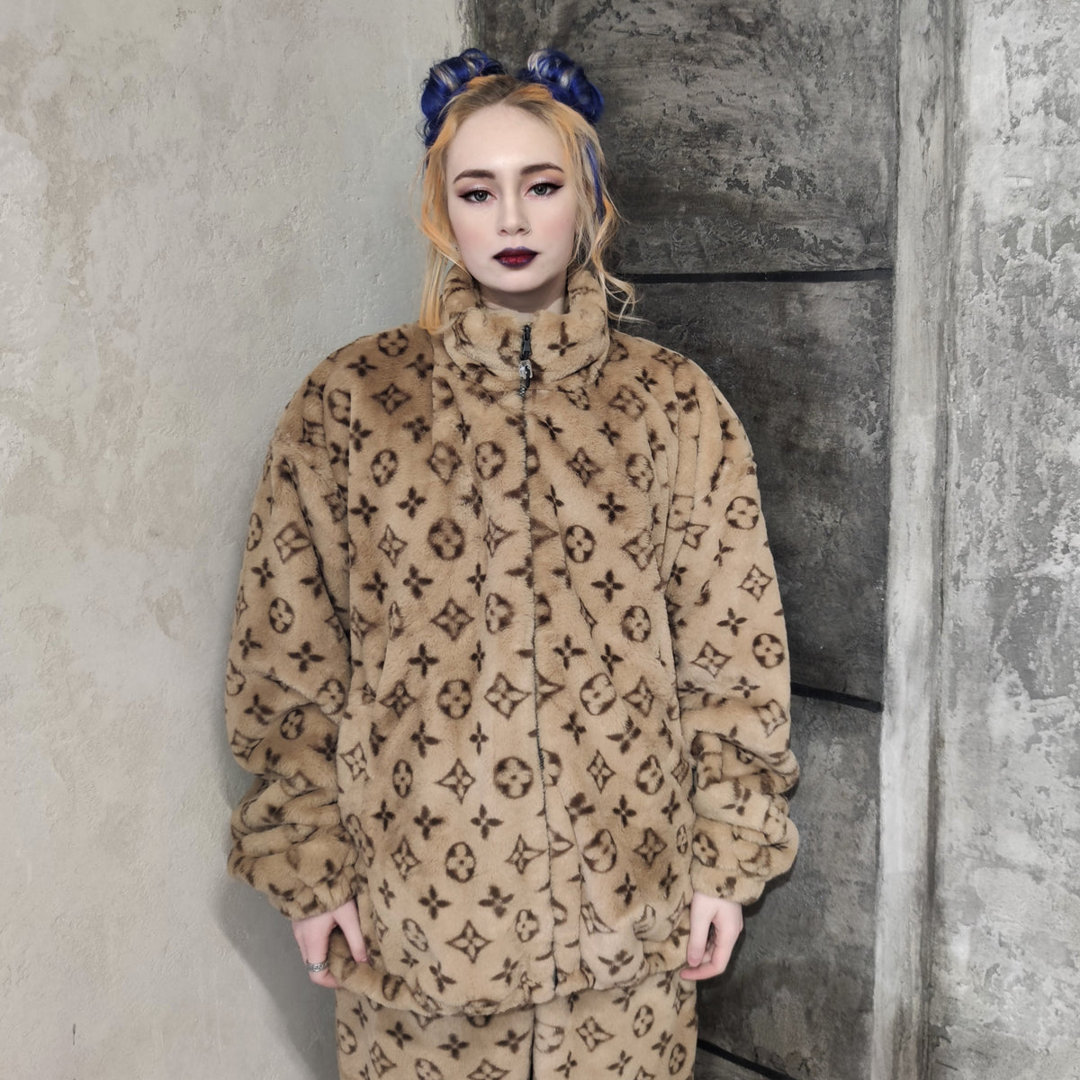 LV fleece track jacket handmade recycled faux fur bomber in brown