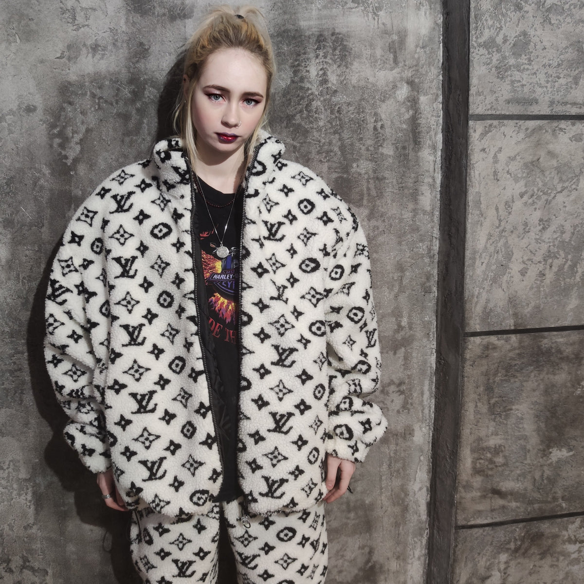 LV fleece jacket handmade recycled faux fur sports bomber in white