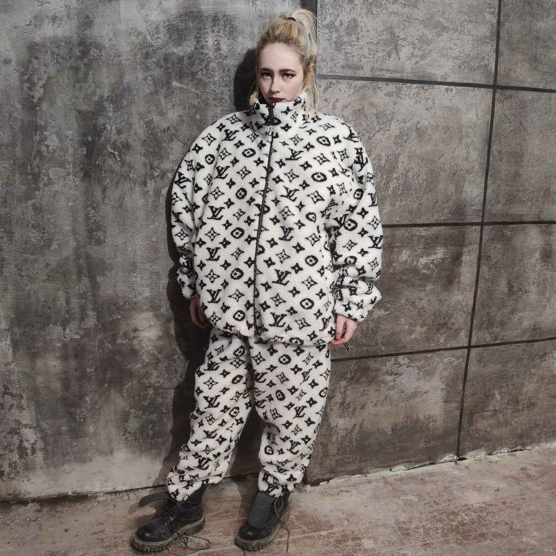 LV fleece jacket handmade recycled faux fur sports bomber in white