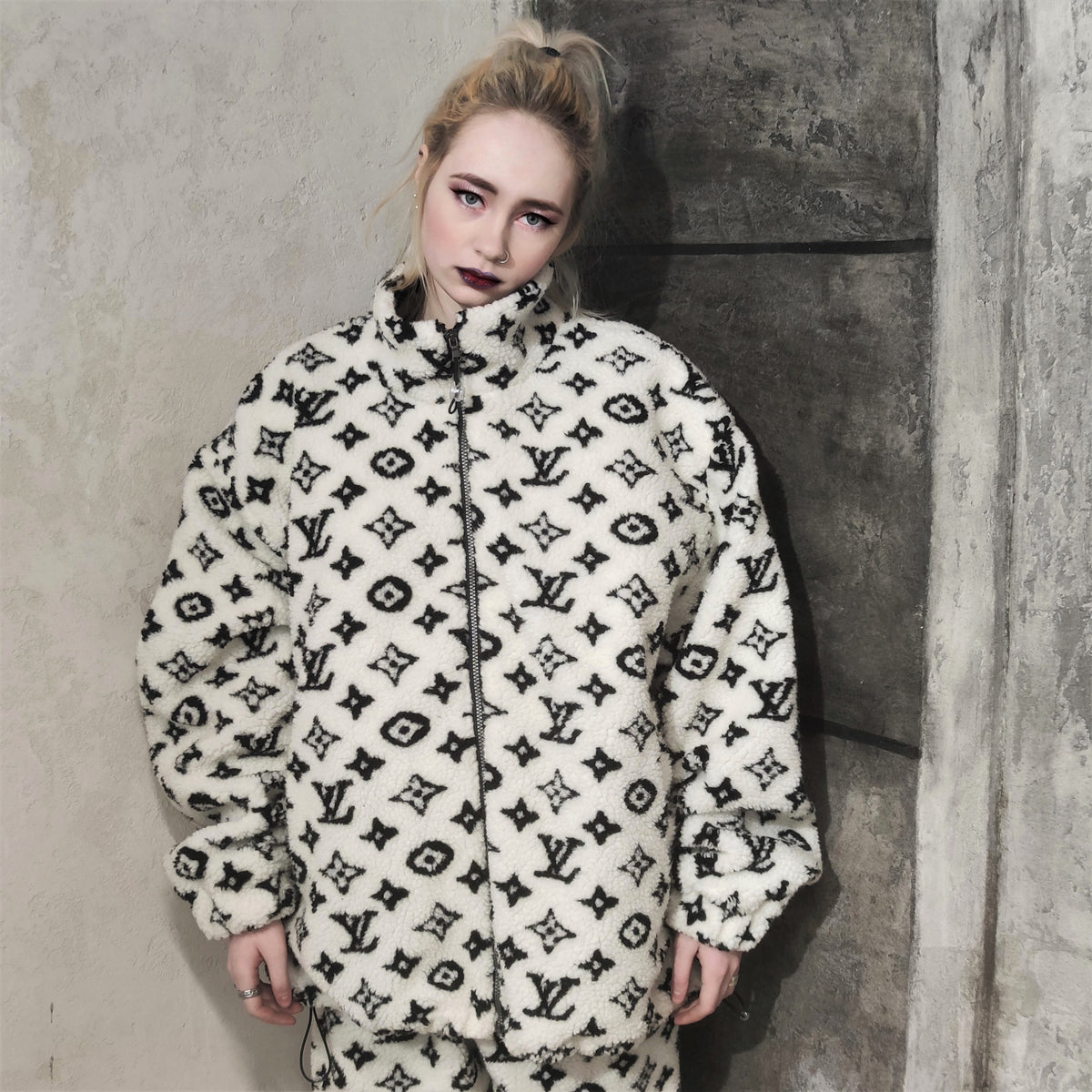 LV fleece jacket handmade recycled faux fur sports bomber in white