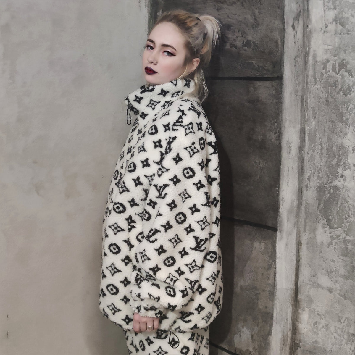 LV fleece jacket handmade recycled faux fur sports bomber in white