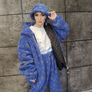 LV fleece hooded jacket handmade recycled faux fur bomber in blue