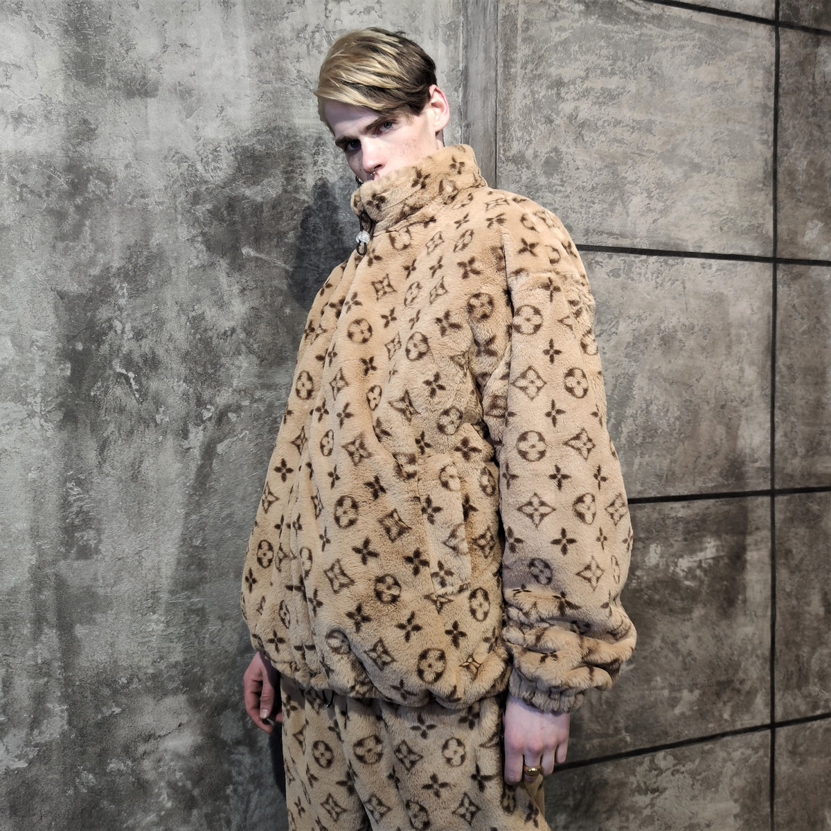 LV fleece track jacket handmade recycled faux fur bomber in brown