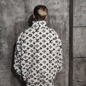 LV fleece jacket handmade recycled faux fur sports bomber in white