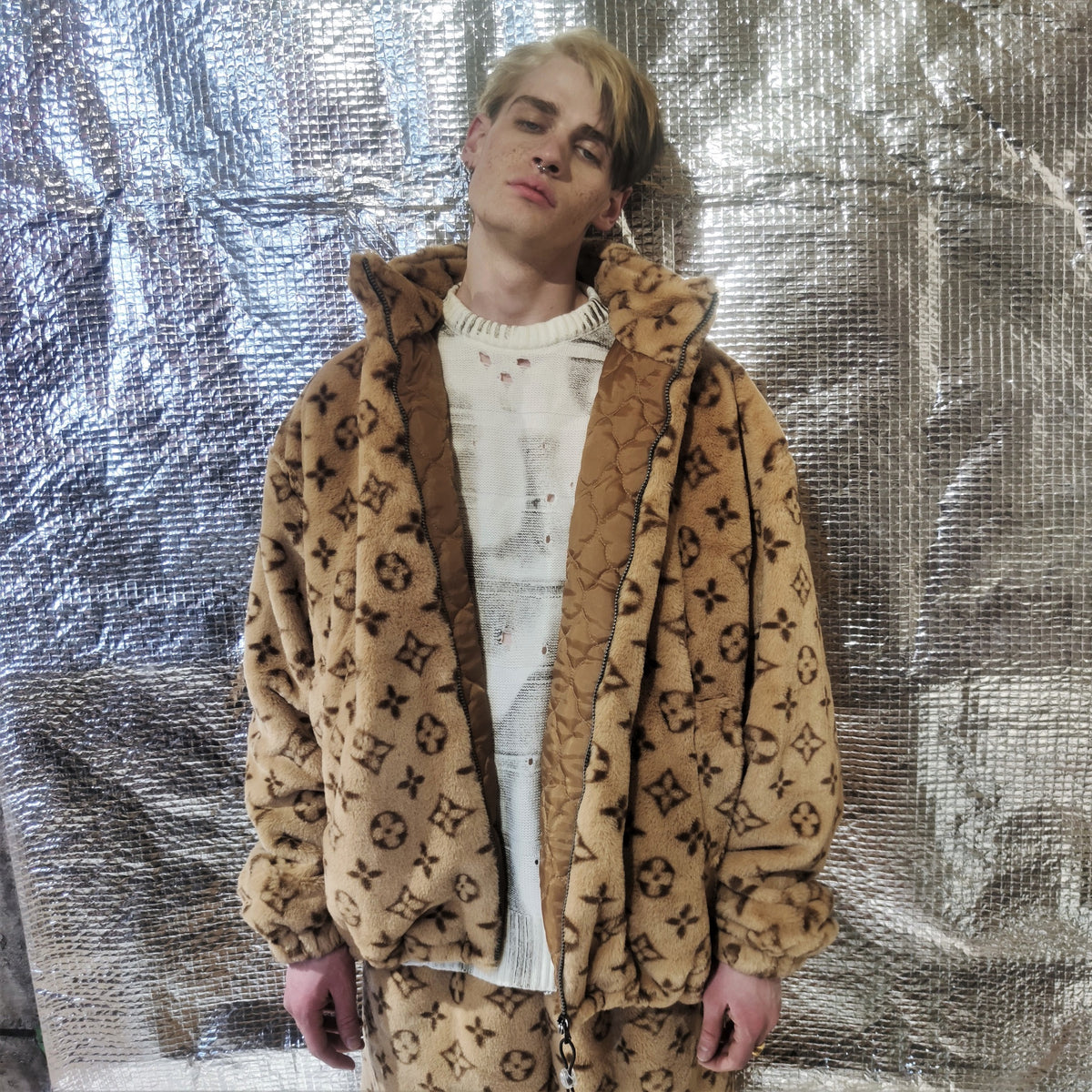 LV fleece track jacket handmade recycled faux fur bomber in brown