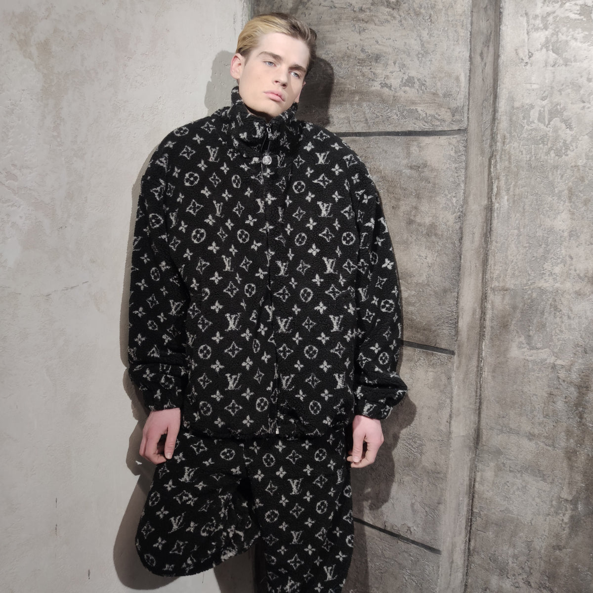 LV fleece jacket handmade recycled faux fur sports bomber in black