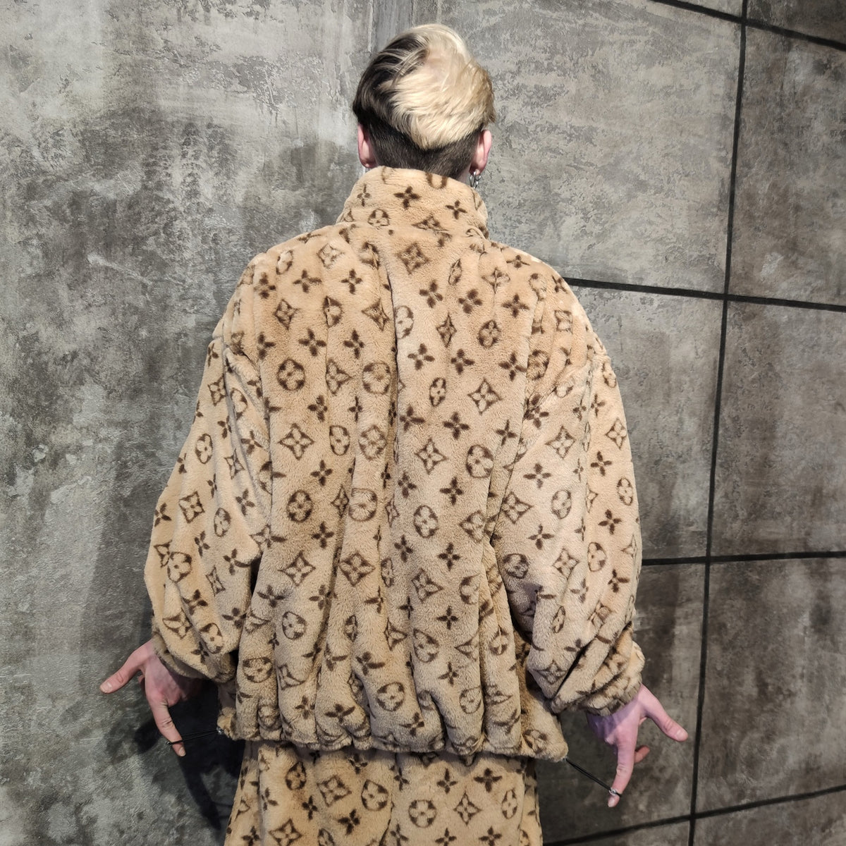 LV fleece track jacket handmade recycled faux fur bomber in brown