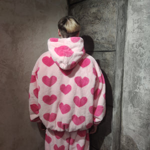 Heart fleece Bomber handmade faux fur hooded love jacket pastel pink