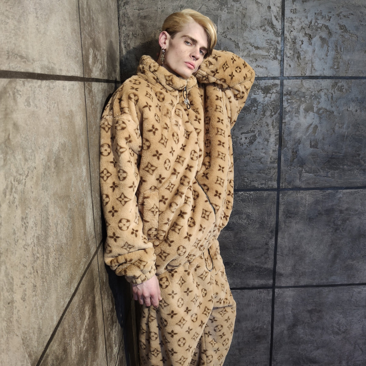 LV fleece track jacket handmade recycled faux fur bomber in brown