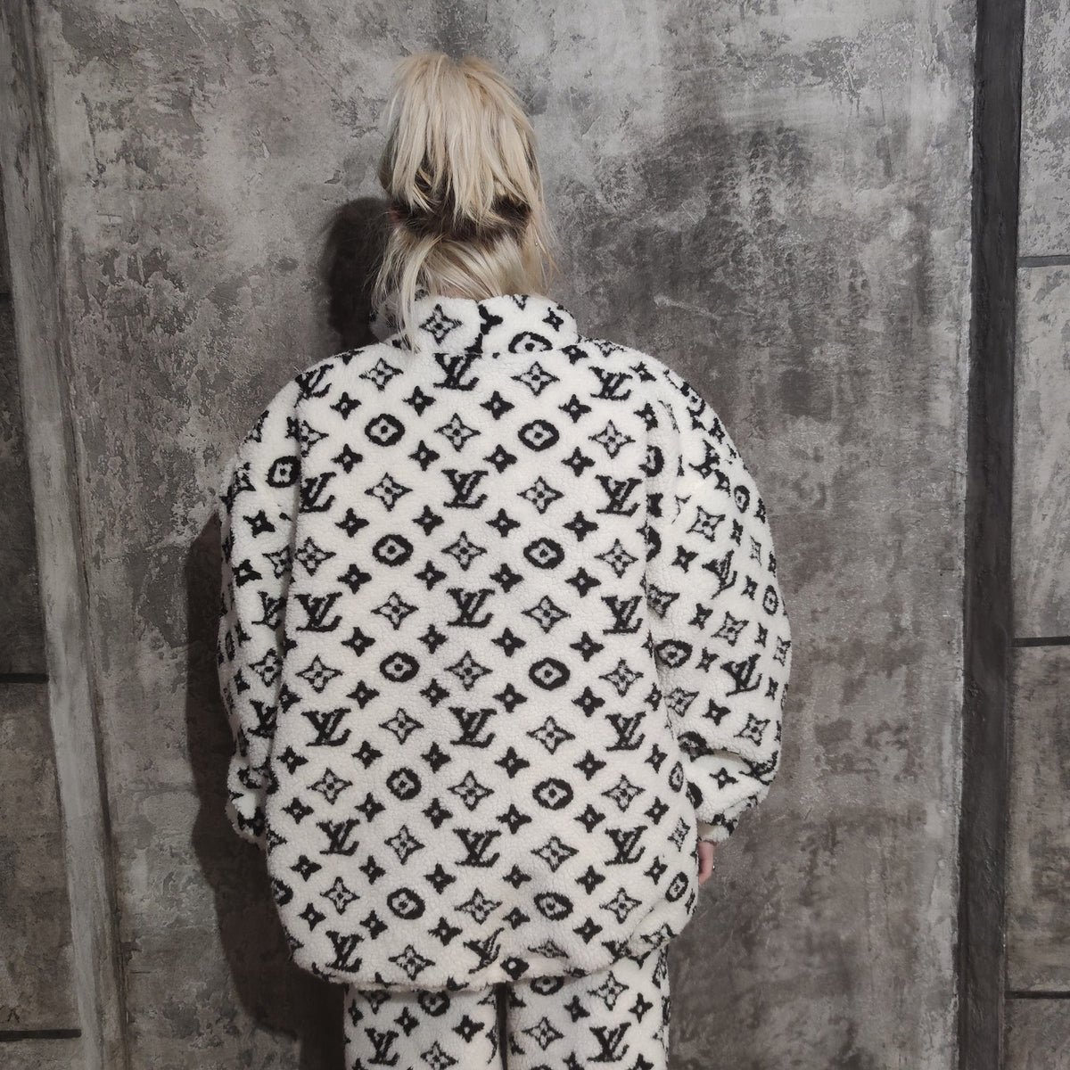 LV fleece jacket handmade recycled faux fur sports bomber in white