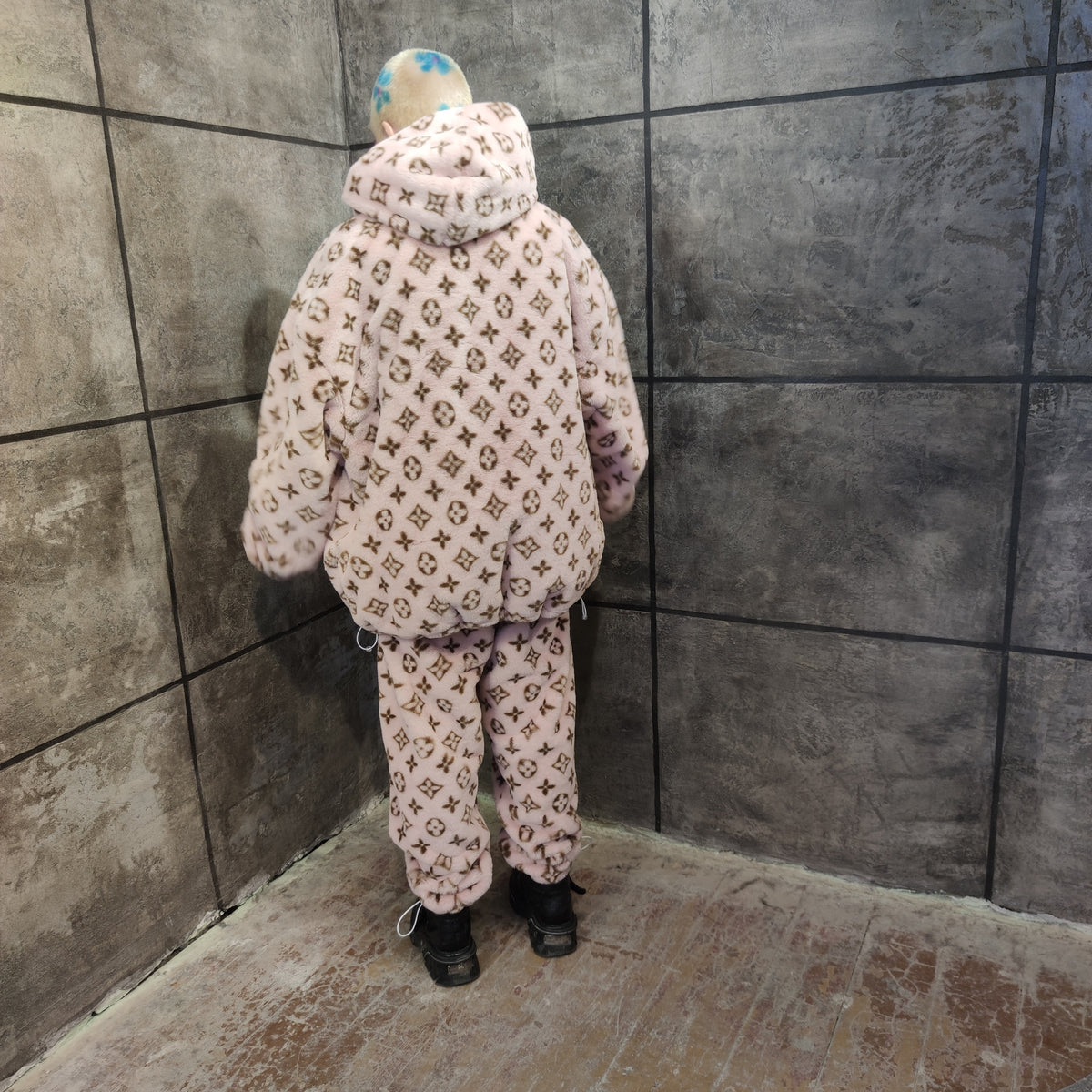LV fleece track jacket handmade recycled faux fur hooded bomber in pink