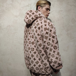 LV fleece track jacket handmade recycled faux fur hooded bomber in pink