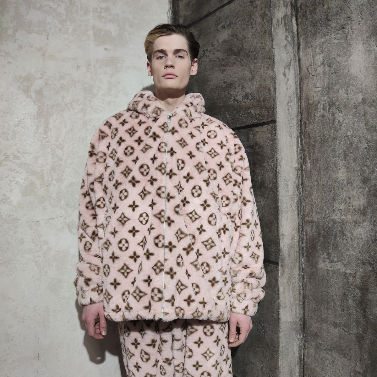 LV fleece track jacket handmade recycled faux fur hooded bomber in pink